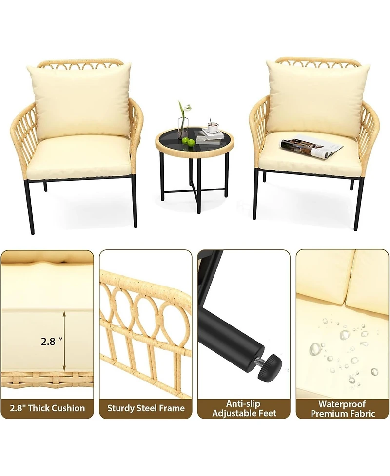 gaomon 3-Piece Patio Bistro Set with Cushions and Glass Top Table