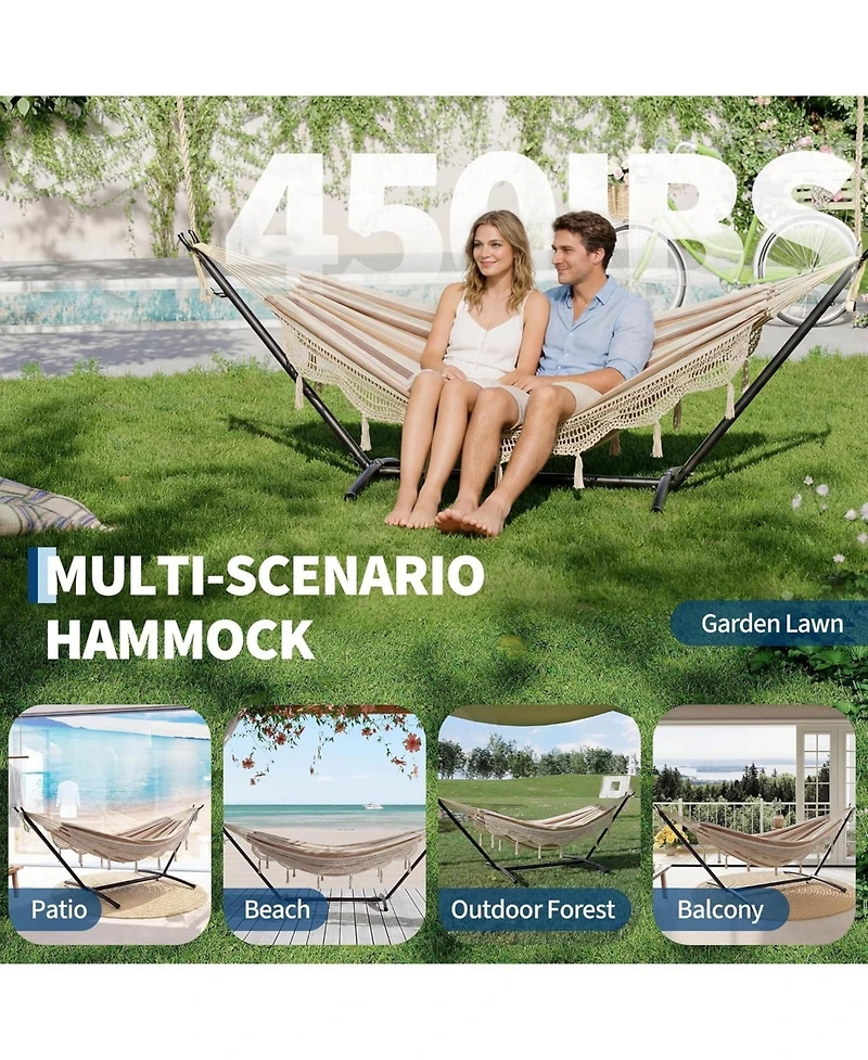 gaomon 450 Lbs Capacity Portable Double Hammock with Stand for Outdoor Patio Backyard Poolside, Tan Stripes, Tan Stripes