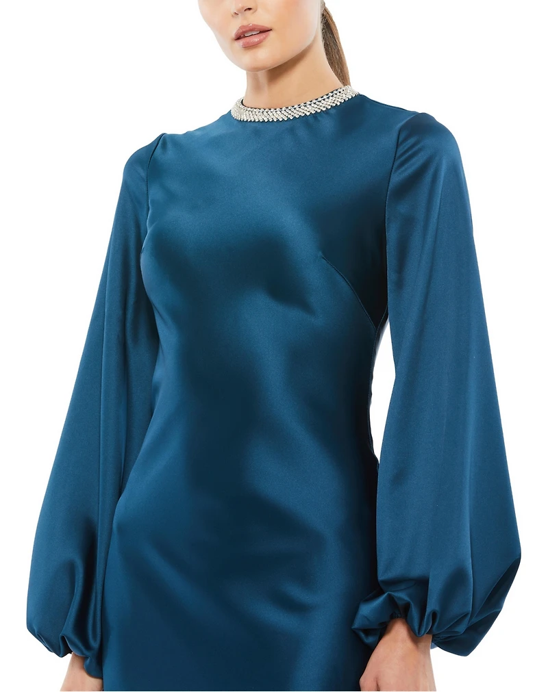 Mac Duggal Petite Beaded High Neck Bishop Sleeve Satin Gown