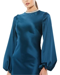 Mac Duggal Petite Beaded High Neck Bishop Sleeve Satin Gown