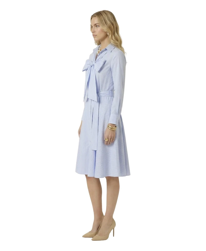 Modenaire Women's Striped Tie-Neck Bow Shirt Dress