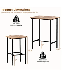 Sugift 3 Pieces Acacia Wood Patio Bar Set Rectangular Table with Metal Frame