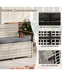 Gymax Outdoor Storage Bench w/Cushion Backrest and Acacia Wood Armrests Hidden Storage
