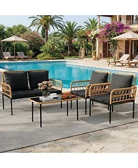 gaomon 4-Piece Patio Seating Set with Glass Coffee Table, Wicker and Cushions