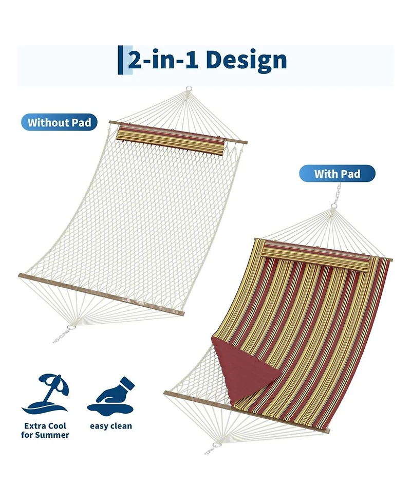 gaomon 2 in 1 Outdoor Hammock with Cotton Rope and Polyester Pad for Patio, Backyard, Garden, Beach, Multi Stripes