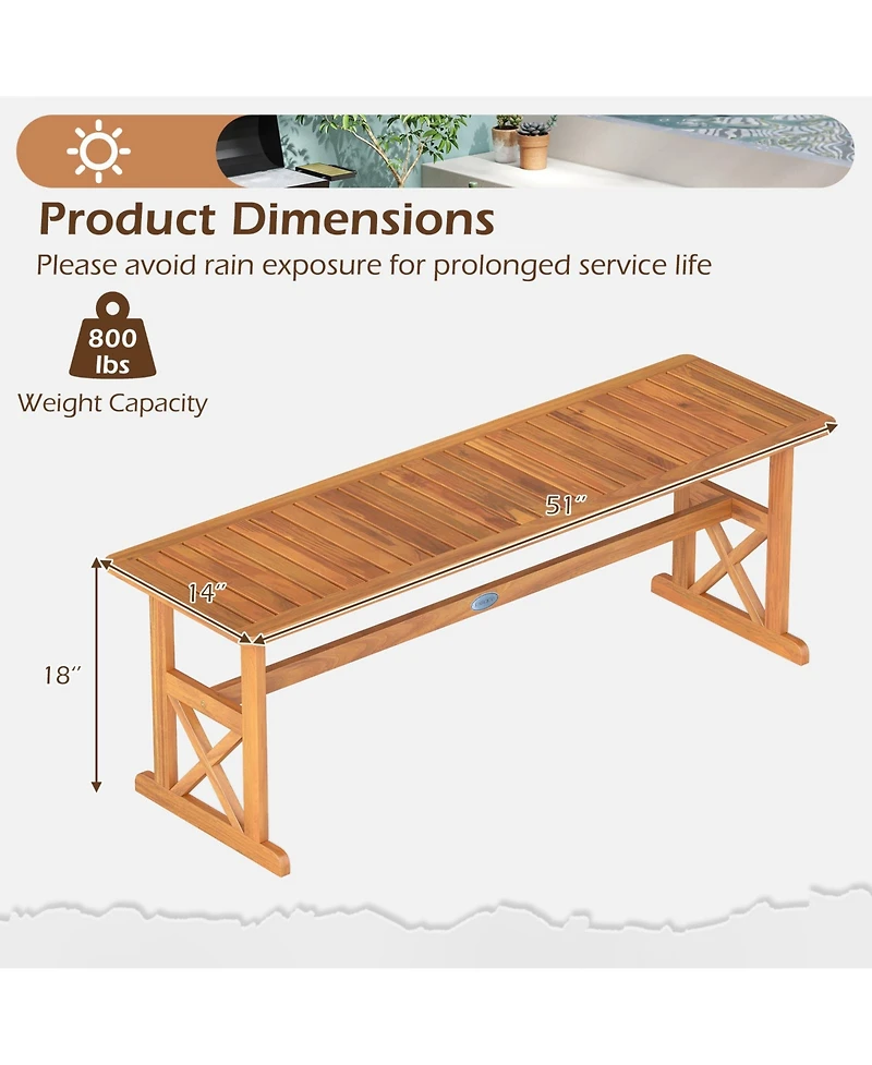Gymax 2 Pcs 51 Inches Acacia Wood Outdoor Bench Slatted Seat and X-Shaped Frame