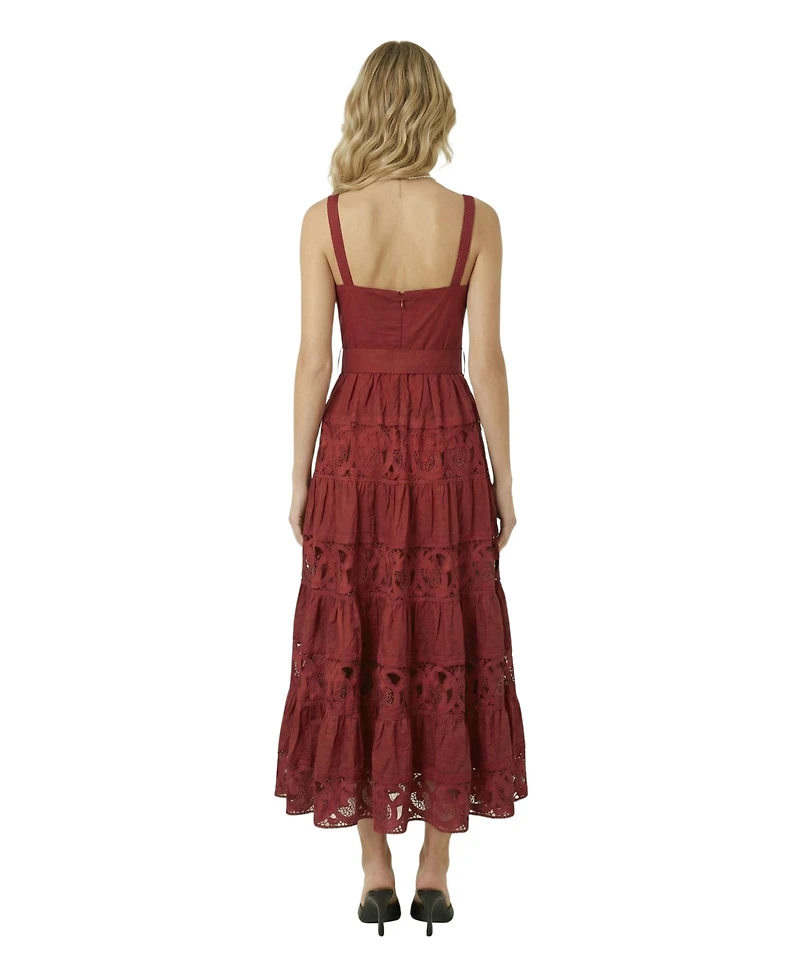 Modenaire Women's Belted Tiered Lace Midi Dress