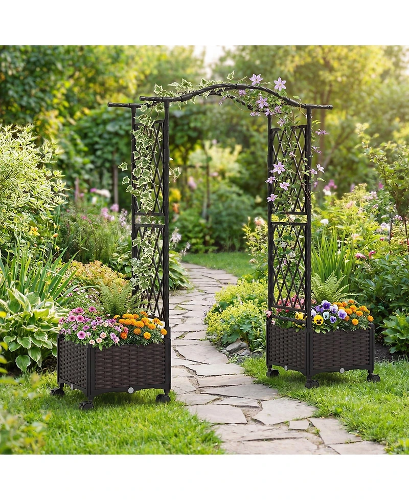 Gymax 2Pieces 5 Ft Self-Watering Planter Boxes w/Lattice Trellis and Roof Lockable Wheels