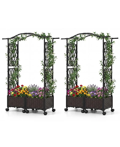 Gymax 2Pieces 5 Ft Self-Watering Planter Boxes w/Lattice Trellis and Roof Lockable Wheels
