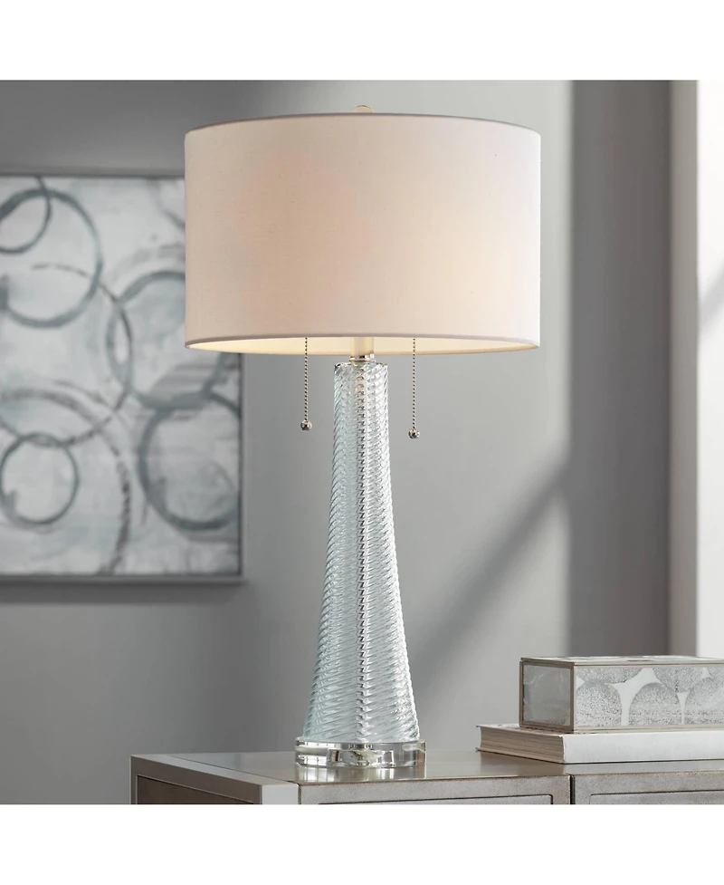 Possini Euro Design Modern Table Lamp 28 1/2" Tall with Usb Dimmer Aqua Blue Swirl Fluted Glass Drum Shade for Bedroom Living Room House Bedside