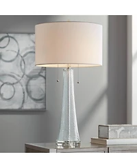 Possini Euro Design Modern Table Lamp 28 1/2" Tall with Usb Dimmer Aqua Blue Swirl Fluted Glass Drum Shade for Bedroom Living Room House Bedside