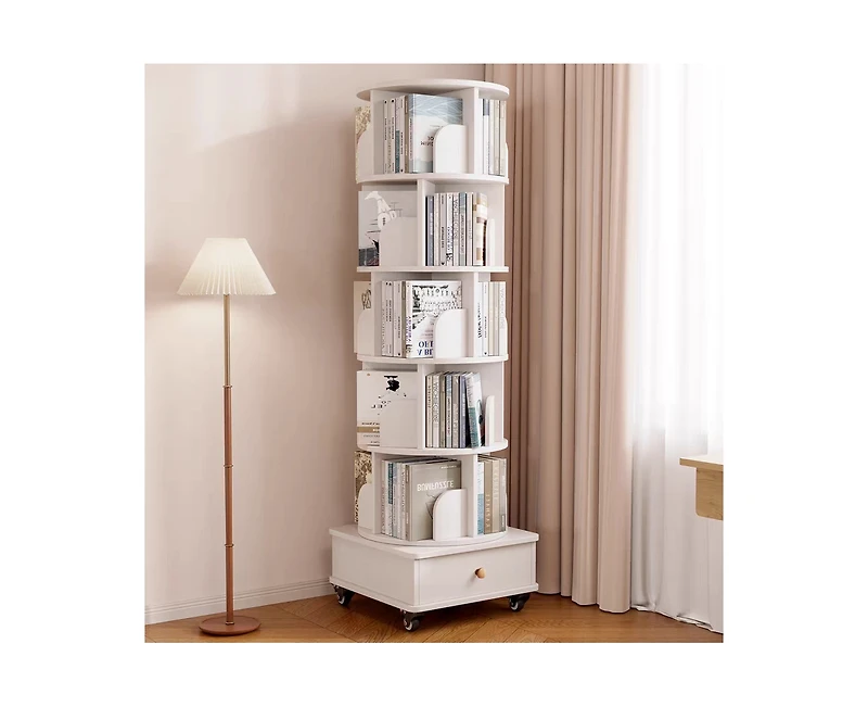 sumyeg 360 Degree Rotating Display Corner Bookshelf 6 Tier Bookcase Storage Rack with Wheels