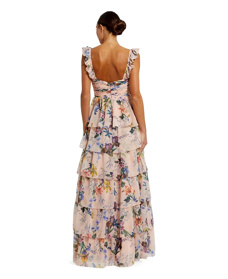 Women's Strapless Floral Chiffon Gown with Ruched Detail