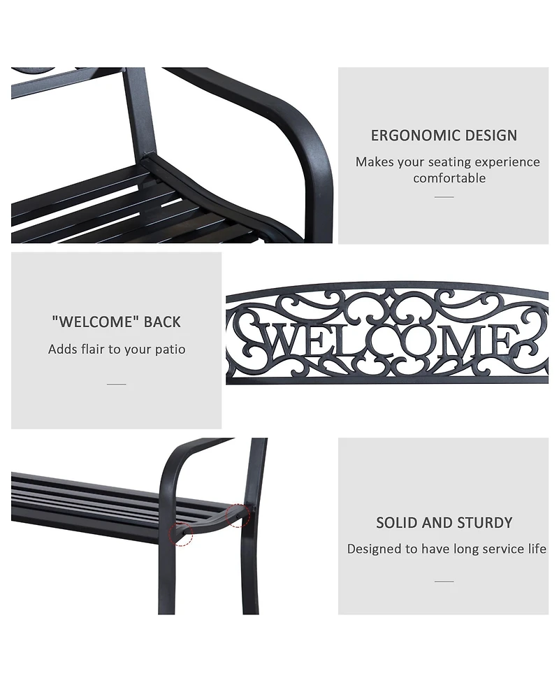 Outsunny 50" 2-Person Garden Bench Loveseat with Cast Iron Decorative Welcome Vines, Outdoor Patio Bench for Backyard, Porch, Entryway