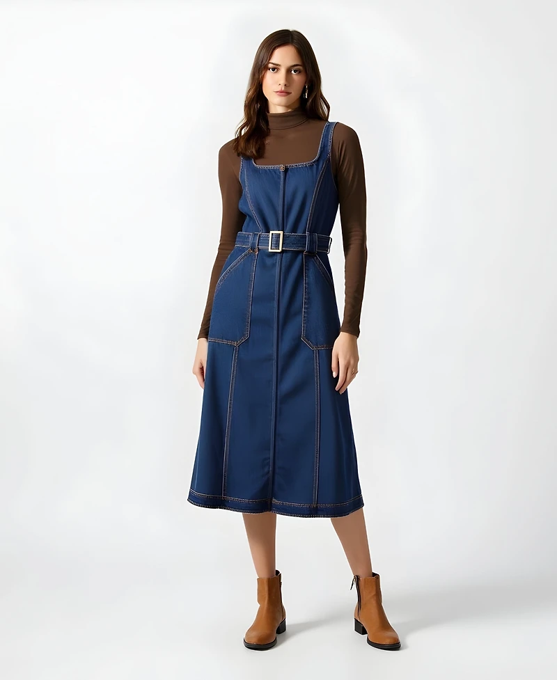 Modenaire Women's Square-Neck Zip-Front Denim Midi Dress with Belt