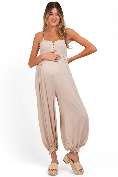 Pinkblush Maternity Beige Smocked Button Front Shoulder Tie Jumpsuit