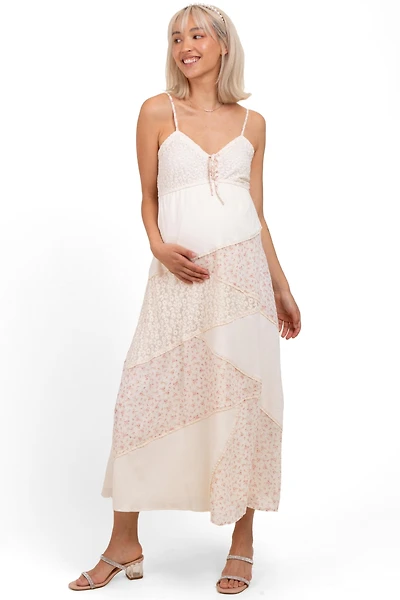 Pinkblush Maternity Cream Floral Sweetheart Neck Midi Dress