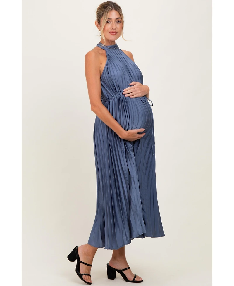 Pinkblush Maternity Navy Blue Pleated Halter Dress