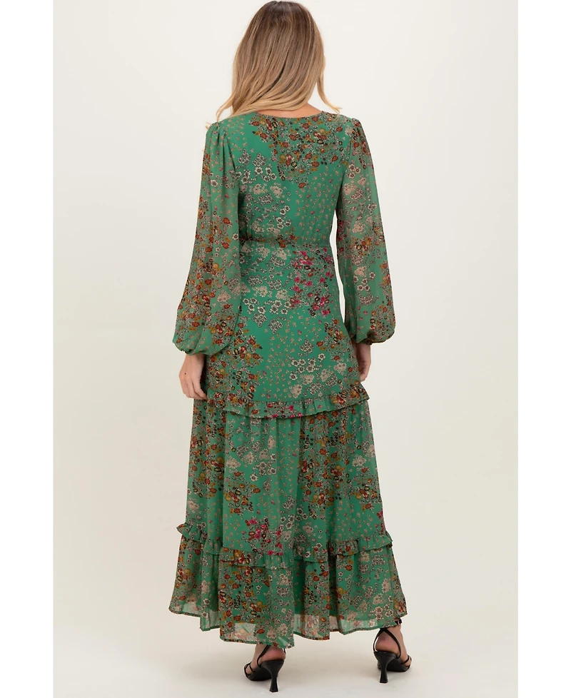 Pinkblush Maternity Green Floral Chiffon V-Neck Long Sleeve Maxi Dress