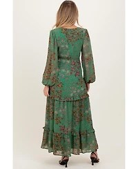 Pinkblush Maternity Green Floral Chiffon V-Neck Long Sleeve Maxi Dress
