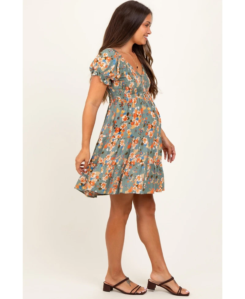 Pinkblush Maternity Olive Floral Smocked V-Neck Puff Sleeve Dress