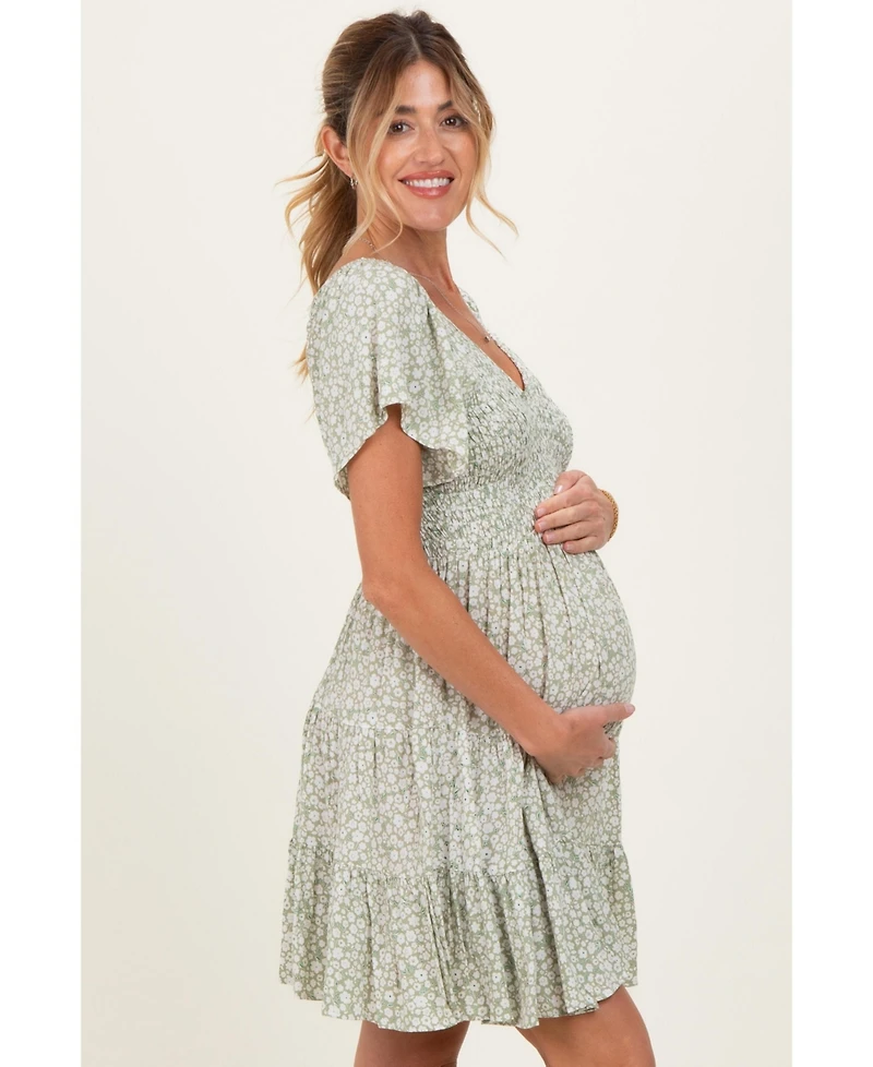 Pinkblush Maternity Sage V Neck Smocked Bodice Ditsy Print Dress