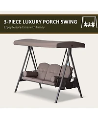 Outsunny Outdoor Patio 3-Person Steel Canopy Cushioned Seat Bench Swing with Included Side Trays & Padded Comfort, Brown