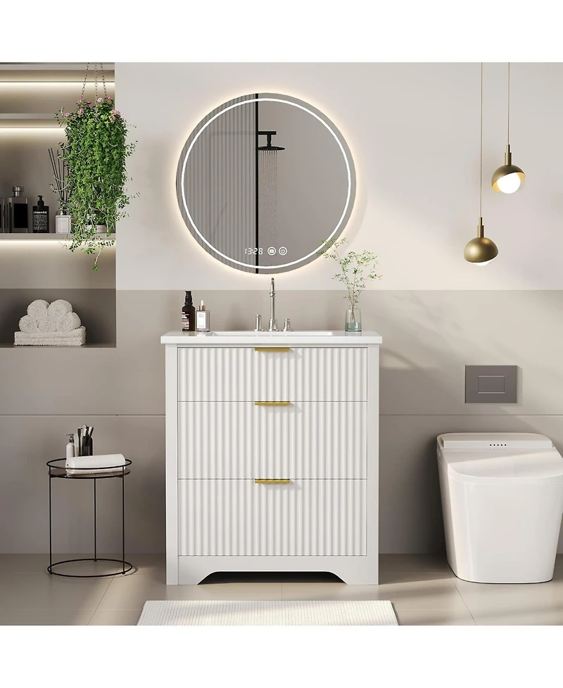 gaomon Fluted Farmhouse Freestanding Bathroom Vanity with Sink, 2 Drawers, Flip-Down Top, Space-Saving Storage