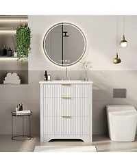 gaomon Fluted Farmhouse Freestanding Bathroom Vanity with Sink, 2 Drawers, Flip-Down Top, Space-Saving Storage