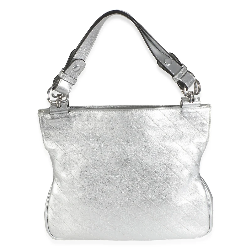 Pre-Owned Gucci Silver Metallic Sakai Diagonal Stitched Calfskin Small Blondie Tote