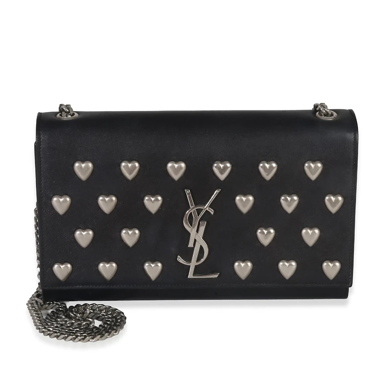 Pre-Owned Saint Laurent Black Smooth Calfskin Studded Heart Medium Kate Chain Bag
