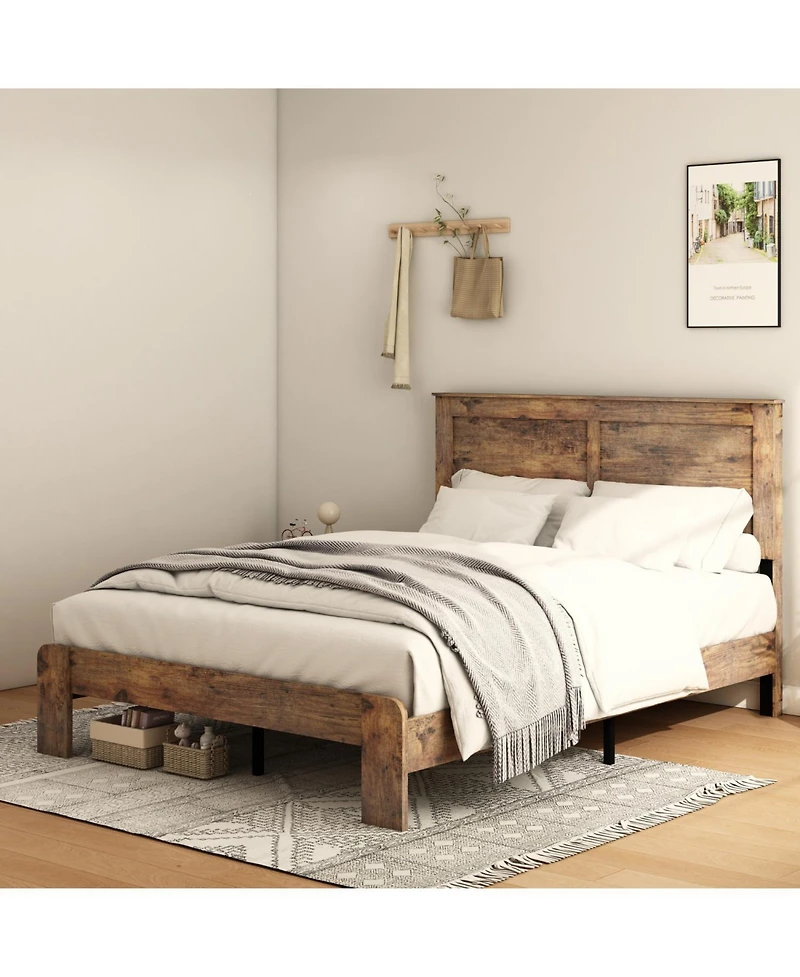 Rainsken Wood Bed Frame with Headboard, Rustic Farmhouse Platform Bed Frame, 12 Wood Slats Support, No Box Spring Needed