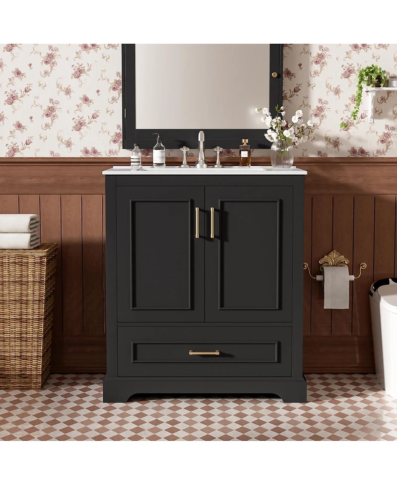 Sillysis 30 Inch Bathroom Vanity with Ceramic Sink, Solid Wood Frame, Soft Close Doors, Drawer and Double Door Shelves