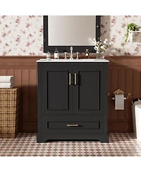 Sillysis 30 Inch Bathroom Vanity with Ceramic Sink, Solid Wood Frame, Soft Close Doors, Drawer and Double Door Shelves
