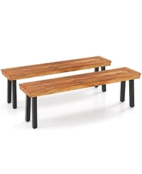 Gymax Outdoor Acacia Wood Benches Set of 2 with Slatted Top and Flared Metal Legs