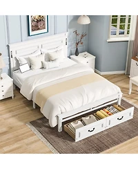 Rainsken Queen Bed Frame, with 2 Storage Drawers and Tall Headboard, Built-In Charging Station Led Lights