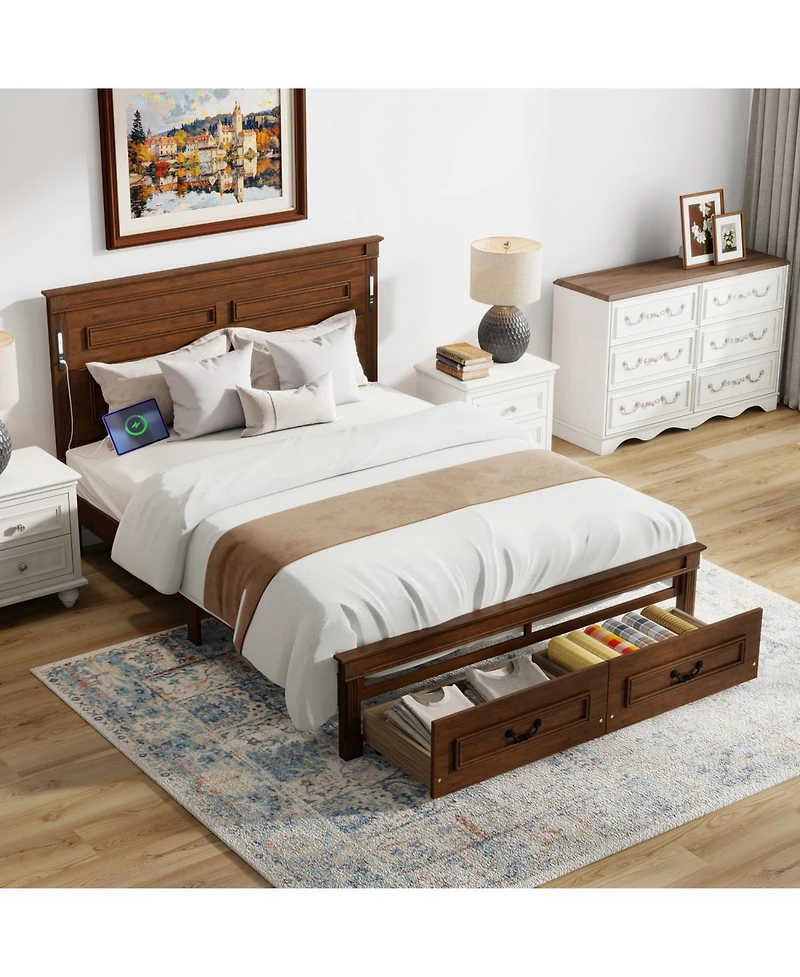 Rainsken Queen Bed Frame, with 2 Storage Drawers and Tall Headboard, Built-In Charging Station Led Lights