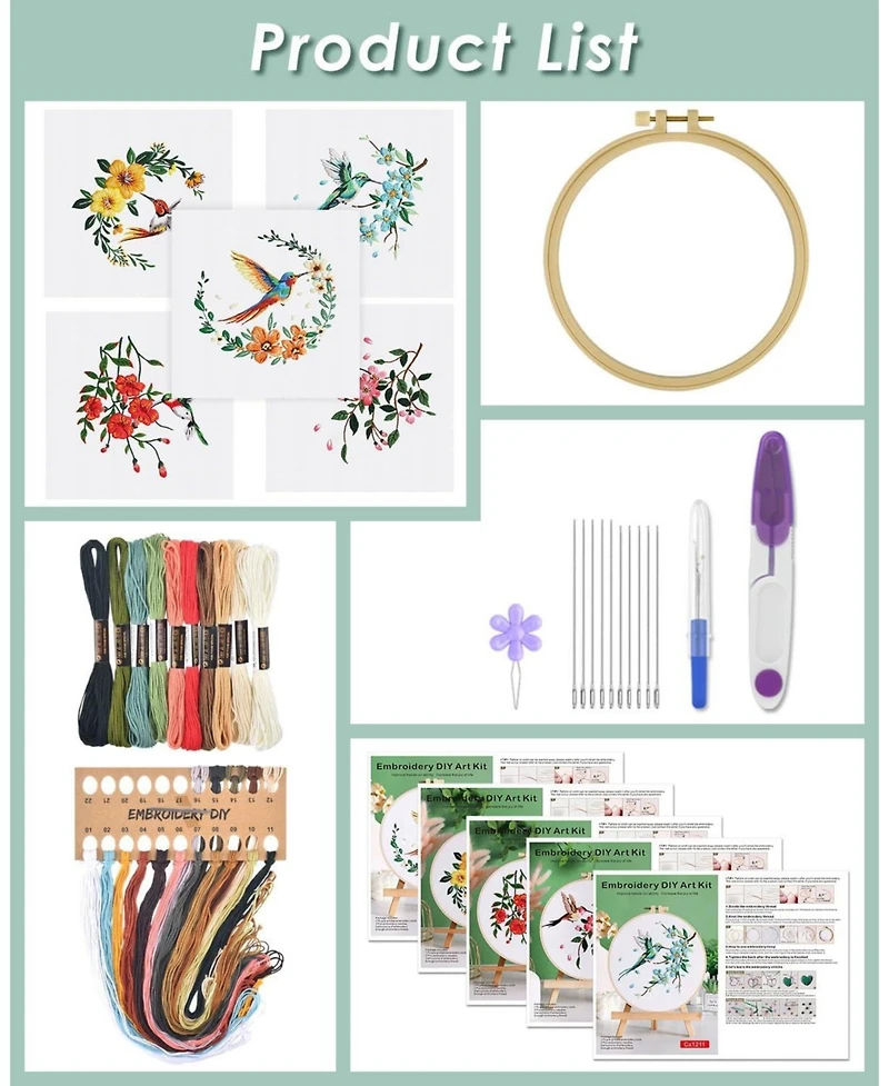 Gnuadz 5 Sets Embroidery Kit Beginners Hummingbird Flower Cross Stitch Hoops Threads Craft Hand Techniques