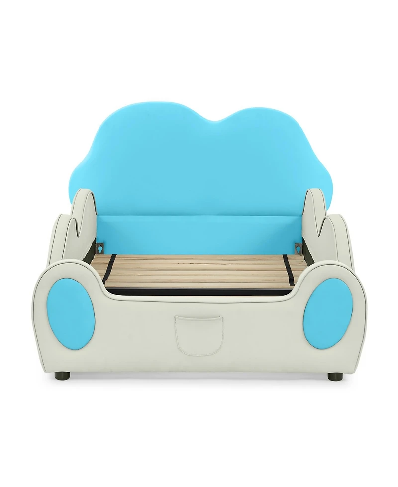 Rainsken Twin Cute Cloud Floor Bed Frame, with Safety Guardrails Floor Beds and Bed-End Storage Pocket, Shape Pu Leather Kids Bed, for 3+ Kids