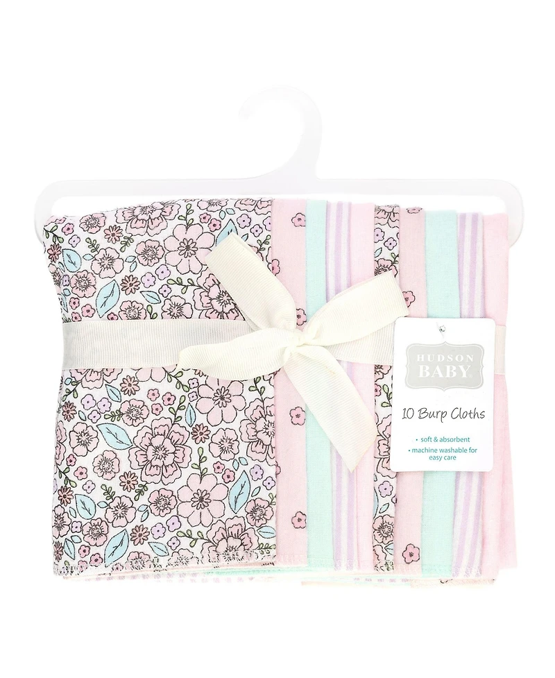 Hudson Baby Girl Cotton Poly Flannel Burp Cloths 10-Pack, Outline Floral Soft Pink, One Size