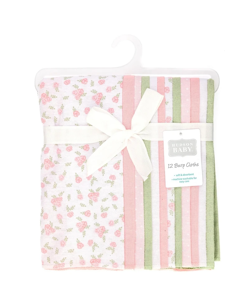 Hudson Baby Girl Cotton Poly Flannel Burp Cloths Bundle 12-Pack, Tiny Rose, One Size