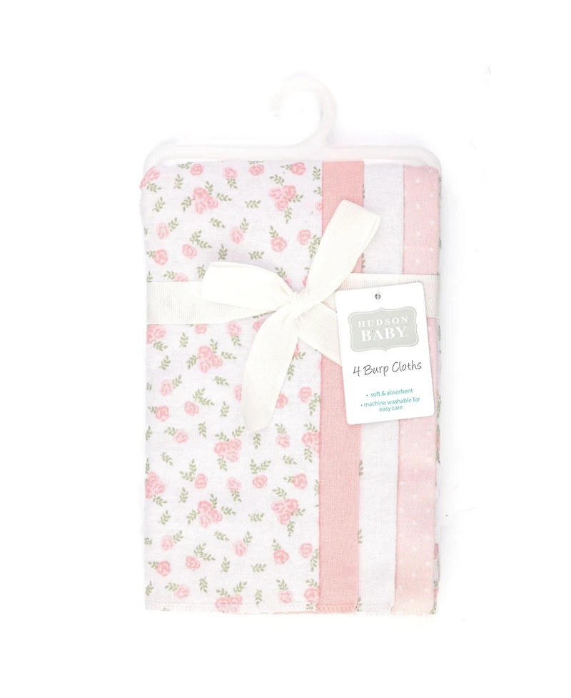Hudson Baby Girl Cotton Poly Flannel Burp Cloths -Pack, Tiny Rose