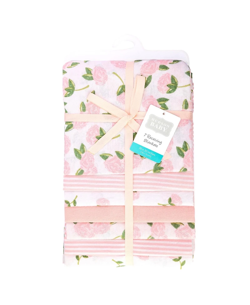 Hudson Baby Girl Cotton Poly Flannel Receiving Blankets Bundle, Pink Peony, One Size