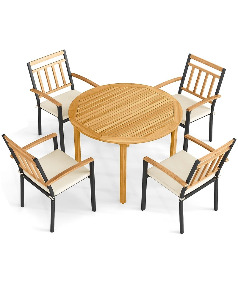 Sugift 5-Piece Acacia Wood Round Patio Dining Set with Cushions