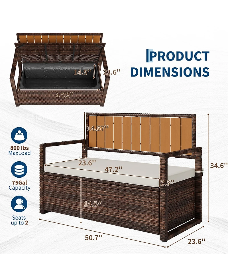 gaomon Home Wicker Storage Bench, Rattan Patio Chest with Cushion Seat and Hidden Compartment