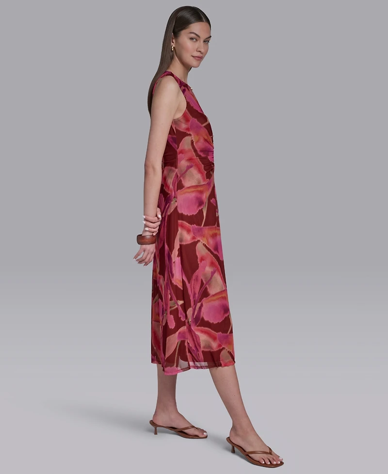 Halston Women's Printed Crewneck Bodycon Keyhole Detail Midi Dress