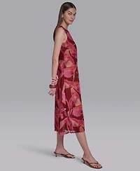 Halston Women's Printed Crewneck Bodycon Keyhole Detail Midi Dress