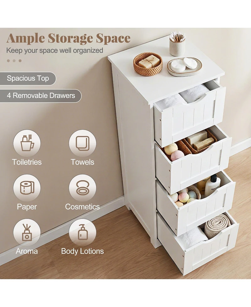 Gymax Bathroom Floor Cabinet Freestanding Narrow Side Storage Organizer w/ 4 Drawers