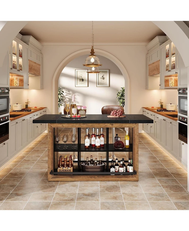 Tribesigns Kitchen Island with Storage, Farmhouse Table 6-Cubby Open Shelves and Metal Foot Rail