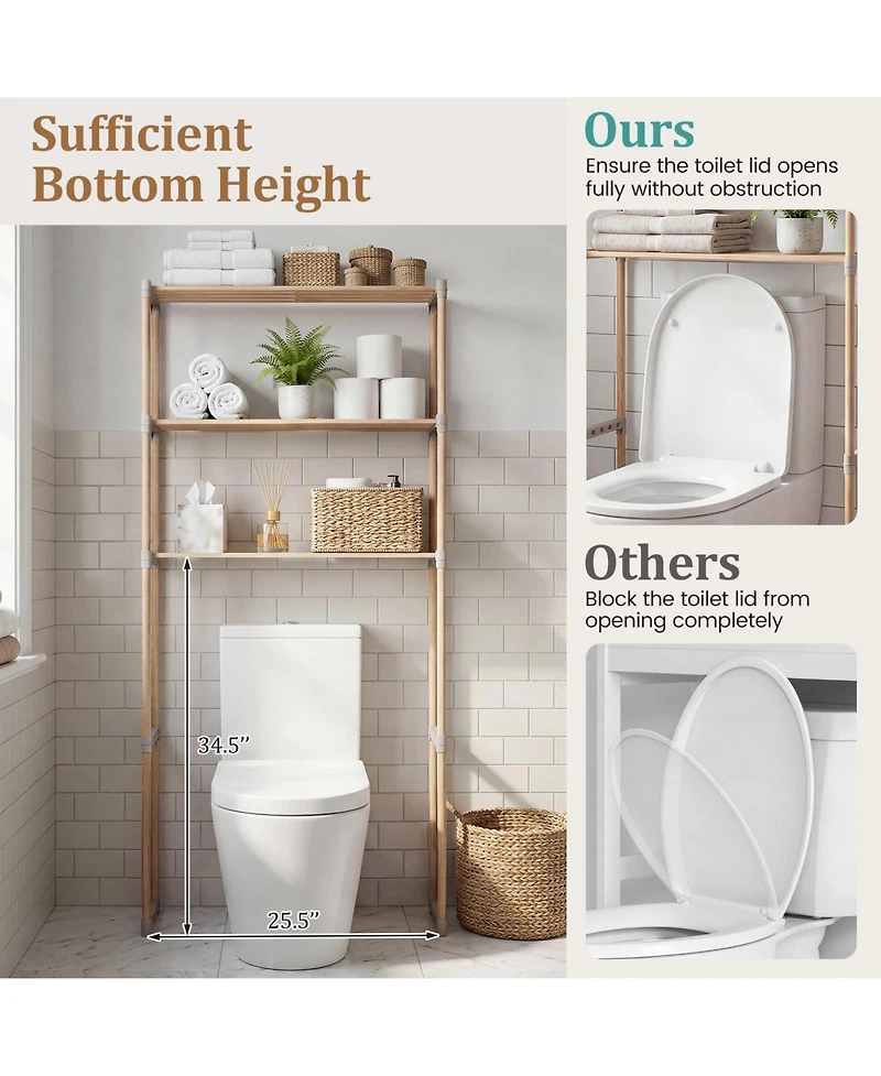 Gymax Over The Toilet Storage Rack 3-Tier Pine Wood Bathroom Organizer w/ Open Shelves